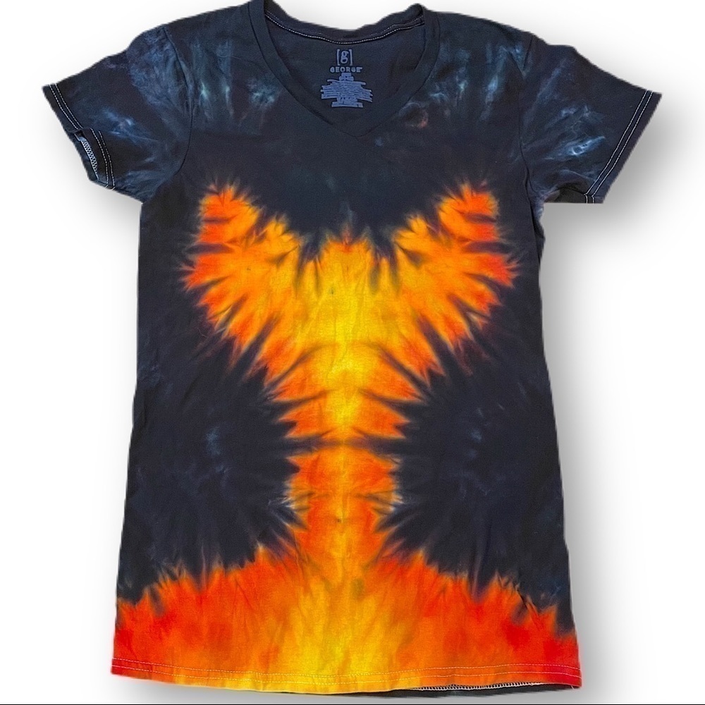 Tie dye t-shirt phoenix rising from the flames orange black unisex v-neck S